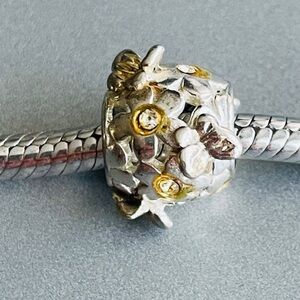 Butterfly & Flower Sterling Silver Charm Bead For Bracelet Or Necklace